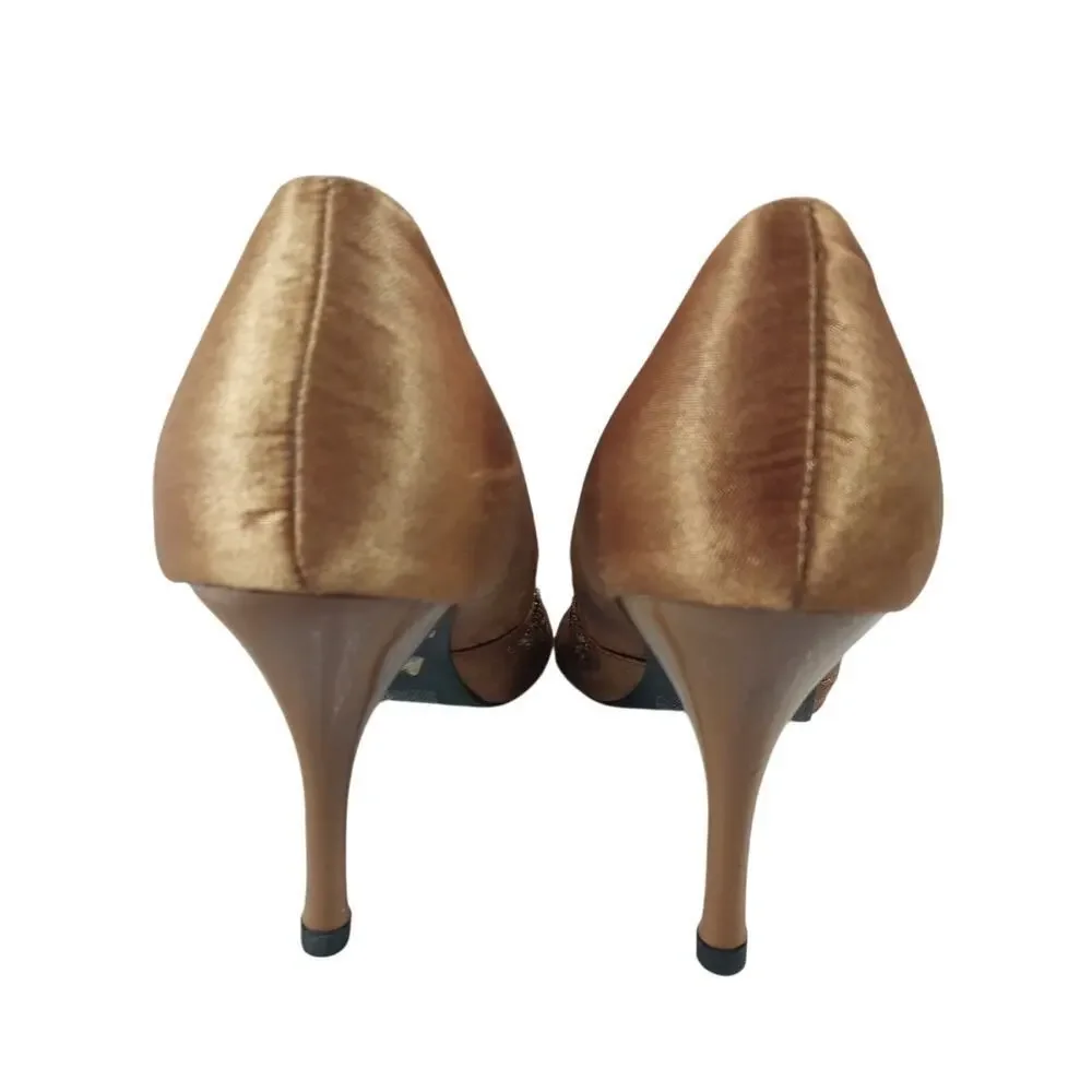DELICIOUS! TAWNY GOLD SATIN, ELABORATELY BEADED & JEWELED STILETTO HEELS! SZ 8M